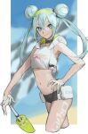  1girl 5tsukado aqua_eyes aqua_hair bare_shoulders beach blue_sky blurry blurry_background body_writing closed_mouth cloud cloudy_sky commentary double_bun film_grain gloves goodsmile_racing grey_choker hair_between_eyes hair_bun half_gloves hand_on_hip hatsune_miku highres hood hood_down long_hair navel ocean outdoors pouch racing_miku racing_miku_(2022) sand see-through signature sky smile solo twintails vocaloid white_gloves zipper 