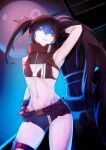  1girl absurdres arm_up asymmetrical_hair bikini bikini_top_only black_bikini black_gloves black_hair black_rock_shooter black_rock_shooter:_dawn_fall black_rock_shooter_(character) black_shorts blue_eyes flat_chest ghgnvm gloves highres long_hair micro_shorts midriff navel pale_skin shiny shiny_hair shiny_skin short_shorts shorts solo standing swimsuit twintails uneven_twintails 