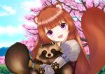  1girl :d animal animal_ears bangs breasts brown_hair cherry_blossoms day eyebrows_visible_through_hair highres holding holding_animal long_hair looking_at_viewer open_mouth outdoors piko_squirrel pink_eyes raccoon_ears raccoon_girl raccoon_tail raphtalia smile solo tail tanuki tate_no_yuusha_no_nariagari very_long_hair 