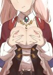  1girl amira_(shingeki_no_bahamut) belt breasts breasts_out brooch capelet corset detached_collar head_out_of_frame head_tilt highres jewelry lips long_hair long_sleeves medium_breasts morisobo nipples parted_lips pink_hair self_fondle shingeki_no_bahamut solo teeth twintails upper_body 