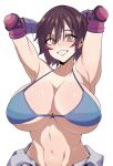  1girl arms_behind_head arms_up bikini bikini_top_only blush breasts brown_hair clothes_around_waist commentary commission elbow_gloves elbow_pads english_commentary eyebrows_visible_through_hair gloves hair_between_eyes highres huge_breasts jacket jacket_around_waist kazama_asuka looking_at_viewer navel short_hair solo sweatdrop swimsuit tekken upper_body white_background yoshiikirablr 