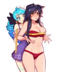  2girls ahoge ahri_(league_of_legends) animal_ears artist_name bandeau black_hair blue_eyes blue_hair blush blushy-pixy bra commentary cowboy_shot drill_hair english_commentary fox_ears fox_girl gwen_(league_of_legends) hair_between_eyes highres league_of_legends long_hair measuring multiple_girls navel panties simple_background smile strapless sweatdrop tape_measure tube_top twin_drills underwear watermark white_background yellow_eyes 