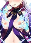  1girl bare_shoulders blush breast_grab breasts colored_inner_hair earrings fate/grand_order fate_(series) finger_to_mouth grabbing grabbing_own_breast grey_hair head_out_of_frame highres jewelry kama_(fate) large_breasts lips long_hair morisobo multicolored_hair navel nipples parted_lips pinky_to_mouth revealing_clothes simple_background solo sparkle upper_body white_background 