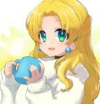  1girl :d \||/ blonde_hair braid cinnamon_(mega_man) commentary cup earrings eyebrows_visible_through_hair eyelashes forehead green_eyes hair_over_shoulder holding holding_cup jewelry long_hair long_sleeves looking_at_viewer mega_man_(series) mega_man_x:_command_mission mega_man_x_(series) mug open_mouth smile solo sweater tobitori upper_body white_sweater 