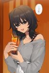  1girl andou_(girls_und_panzer) bangs black_eyes black_hair bra_strap commentary cup dark-skinned_female dark_skin drinking_glass drinking_straw girls_und_panzer grey_shirt high-waist_pants holding holding_cup looking_at_viewer medium_hair messy_hair off-shoulder_shirt off_shoulder open_mouth pants shirt smile solo sweatdrop tan_(inka) translated upper_body white_pants 