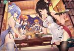  4girls :o black_hair black_legwear blonde_hair blue_eyes breasts china_dress chinese_clothes cleavage date_a_live date_a_live:_spirit_pledge dress elbow_gloves eyebrows_visible_through_hair food gloves holding holding_brush holding_plate indoors izayoi_miku long_hair looking_at_viewer multiple_girls night official_art open_mouth plate purple_dress purple_eyes purple_hair red_eyes sleeveless sleeveless_dress smile tokisaki_kurumi white_dress white_gloves white_legwear yamai_kaguya yamai_yuzuru 