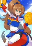  1girl :d android bangs blue_skirt breasts brown_hair cheerleader cloud commentary confetti eyebrows_visible_through_hair green_eyes hair_between_eyes hair_ornament hand_up high_ponytail iris_(mega_man) knee_up long_hair looking_at_viewer medium_breasts mega_man_(series) mega_man_x_(series) navel open_mouth outdoors outstretched_arm pom_pom_(cheerleading) robot skirt sky smile solo standing standing_on_one_leg teeth tobitori upper_teeth very_long_hair 