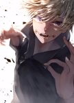  1boy between_fingers character_request commentary_request facial_mark glowing glowing_eyes grabbing highres incoming_attack inumaki_toge jujutsu_kaisen male_focus open_mouth purple_eyes seryo solo teeth white_hair 