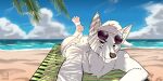  absurd_res anthro beach big_butt bikini bikini_bottom butt candid canid canine canis chair clothed clothing cloud detailed_background domestic_dog eyewear fluffy foxinuhhbox furniture hi_res lying mammal on_front palm_tree pawpads paws plant sand seaside selfie sunglasses swimwear tree water wet wolf 