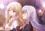  2girls artist_name ascot assault_lily bangs black_jacket blonde_hair blurry blurry_background book bow braid breasts closed_mouth commentary_request commission epaulettes eyebrows_visible_through_hair fire_emblem fire_emblem:_three_houses floating_hair from_side garreg_mach_monastery_uniform hair_bow high_collar highres holding holding_book indoors jacket kon_kanaho large_breasts lens_flare light_blush light_particles long_hair looking_away looking_to_the_side medium_breasts miyagawa_takane multiple_girls parted_lips profile puffy_sleeves purple_bow purple_eyes sakura_tsubame shiny shiny_hair shirt side_braid sidelocks silver_hair skeb_commission smile stairs sunlight upper_body white_ascot white_shirt yellow_eyes 