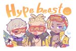  1girl 2boys apex_legends black_gloves blonde_hair blue_eyes blush cosplay crypto_(apex_legends) crypto_(apex_legends)_(cosplay) dark-skinned_male dark_skin dreadlocks eyewear_on_head fingerless_gloves gloves grey_hair hair_behind_ear headset highres hype_beast_crypto jacket lip_piercing multiple_boys nojima_minami official_alternate_costume one_eye_closed open_hand piercing portrait sanpaku seer_(apex_legends) v v-shaped_eyebrows valkyrie_(apex_legends) white_background yellow_jacket 