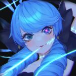  1girl absurdres ahoge bangs black_background black_bow blue_hair blush bow glowing grey_background gwen_(league_of_legends) hair_bow highres league_of_legends long_hair mettyon portrait scar smile solo tongue tongue_out twintails x-shaped_pupils 