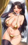  1girl absurdres bangs bare_shoulders bikini black_hair blush breasts cleavage collarbone fate/grand_order fate_(series) highres ishtar_(fate) kisaragi_tsurugi large_breasts long_hair looking_at_viewer navel open_mouth parted_bangs red_eyes smile solo swimsuit thighs two_side_up 