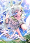  afterimage animal_ears blue_eyes cloud collarbone commentary_request grass hero_(10cl3) highres horse_ears horse_girl horse_tail leg_up looking_at_viewer motion_blur racetrack running seiun_sky_(umamusume) shoes short_hair silver_hair sweatdrop tail umamusume 