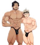 2boys abs asta_(black_clover) bara black_clover black_hair black_headband black_male_underwear bolloxxxz brown_eyes bulge cigarette commission facial_hair grey_hair headband highres jewelry large_pectorals looking_at_viewer male_focus male_underwear multiple_boys muscular muscular_male navel nipples open_mouth pectorals ring short_hair smile stubble thick_thighs thighs thong thumbs_up underwear yami_sukehiro 