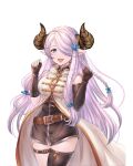  1girl asymmetrical_clothes asymmetrical_gloves bangs bare_shoulders belt blush braid breasts coat commentary_request draph dress fingerless_gloves gloves granblue_fantasy hair_ornament hair_over_one_eye hairclip horns large_breasts long_hair looking_at_viewer narmaya_(granblue_fantasy) open_mouth pink_hair pointy_ears purple_eyes s1a1nokoka shiny shiny_hair short_dress simple_background single_thighhigh sleeveless smile teeth thigh_strap thighhighs thighs tied_hair turtleneck white_background 