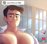  1boy ? anabel_(pokemon) blurry blurry_background brown_eyes brown_hair chest_hair closed_mouth commentary cover_them_up_slut_(meme) dialogue_box frown heart large_pectorals large_penis looker_(pokemon) meme muscular pectorals penis pokemon pokemon_(game) pokemon_sm short_hair split_mouth topless_male upper_body vergolophus 