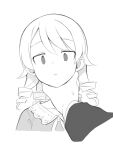  1boy 1girl collarbone cropped_torso dress drill_hair eyebrows_visible_through_hair greyscale hand_on_another&#039;s_neck idolmaster idolmaster_cinderella_girls looking_at_viewer medium_hair monochrome morikubo_nono out_of_frame parted_lips pov pov_hands producer_(idolmaster) ringlets simple_background sketch solo_focus sweatdrop uccow upper_body 