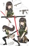  1girl ? absurdres artist_name assault_rifle boots cursed_m4a1 fighting_stance gar32 girls&#039;_frontline gloves gun headphones highres holding holding_weapon katana kendo long_hair m4_carbine m4a1_(girls&#039;_frontline) magazine_(weapon) rifle scabbard sheath solo sword weapon white_background 