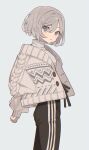  1girl :o absurdres arms_behind_back bangs beige_jacket black_pants blush bob_cut breasts eyebrows_visible_through_hair from_side grey_background grey_eyes grey_hair grey_sweater head_tilt highres i7 leaning_back medium_breasts original pants solo sweater track_pants 