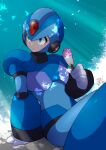  1boy android arm_behind_back blue_armor chewing closed_mouth commentary dated food green_eyes helmet holding looking_away male_focus mega_man_(series) mega_man_x_(character) mega_man_x_(series) popsicle robot shade shadow signature sitting solo sunlight tobitori 