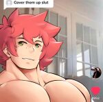  1boy bangs bara commentary cover_them_up_slut_(meme) dialogue_box english_commentary freckles gallarx green_eyes heart highres large_pectorals large_penis looking_at_viewer male_focus meme milo_(pokemon) muscular muscular_male parted_lips pectorals penis photo_background pink_hair pokemon pokemon_(game) pokemon_swsh short_hair smile topless_male 