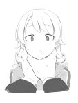  1boy 1girl cropped_torso drill_hair eyebrows_visible_through_hair greyscale hands_on_another&#039;s_neck idolmaster idolmaster_cinderella_girls jacket looking_at_viewer medium_hair monochrome morikubo_nono out_of_frame parted_lips pov pov_hands producer_(idolmaster) ringlets simple_background sketch solo_focus sweat track_jacket uccow upper_body 