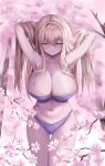  1girl absurdres armpits arms_up bikini blonde_hair breasts cherry_blossoms closed_eyes highres huge_breasts lkdv long_hair looking_at_viewer navel original purple_bikini smile solo swimsuit very_long_hair 