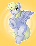  2022 absurd_res blonde_hair cutie_mark derpy_hooves_(mlp) digital_media_(artwork) equid equine feathered_wings feathers female feral friendship_is_magic fur grey_body grey_feathers grumpy_griffin_creations hair hasbro hi_res horse looking_at_viewer mammal my_little_pony nude open_mouth pegasus pony simple_background smile solo tongue wings 