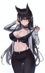  1girl absurdres alternate_costume animal_ear_fluff animal_ears atago_(azur_lane) azur_lane black_bra black_choker black_hair black_legwear bra breasts choker cleavage cowboy_shot eyebrows_visible_through_hair hair_ribbon highleg highleg_panties highres large_breasts long_hair looking_at_viewer manu_(pixiv41646715) navel open_clothes open_shirt panties pants panty_straps pulled_by_self ribbon shirt simple_background solo standing strap_pull thigh_gap underwear very_long_hair white_background white_ribbon white_shirt yellow_eyes 