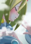  1girl bangs blonde_hair blurry blush bracelet clenched_hand closed_eyes collar commentary_request eyelashes fog hands_up highres ika_daishougun irida_(pokemon) jewelry medium_hair open_mouth pokemon pokemon_(game) pokemon_legends:_arceus solo steam sweat teeth upper_body upper_teeth 