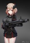  1girl absurdres armband azur_lane bangs black_jacket black_shirt black_skirt blonde_hair breasts closed_mouth commentary cross crossed_bangs eyebrows_visible_through_hair gauntlets grey_background gun hair_between_eyes highres holding holding_gun holding_weapon iron_cross jacket large_breasts legs_together looking_at_viewer machine_gun matsunaga_maguro mg42 miniskirt multicolored_hair pleated_skirt red_hair roon_(azur_lane) shirt short_hair sidelocks simple_background skirt smile solo standing streaked_hair thighs twitter_username weapon yellow_eyes 