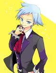  1boy atsumi_yoshioka bangs belt black_jacket black_pants blue_eyes blue_hair closed_mouth collared_shirt commentary_request hand_up jacket jewelry long_sleeves male_focus necktie open_clothes open_jacket pants pokemon pokemon_(game) pokemon_oras red_necktie ring shirt short_hair smile solo spiked_hair steven_stone vest white_shirt 