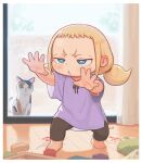  1girl :&lt; animal barefoot black_legwear blonde_hair blue_eyes border cat child commentary_request crayon curtains feet forehead full_body hand_print indoors kozato_(yu_kozato) legs_apart little_blonde_girl_(kozato) looking_at_another mole mole_under_eye original purple_shirt shadow shirt short_sleeves short_twintails solo stance standing thick_eyebrows toes twintails v-shaped_eyebrows white_border wide_sleeves 