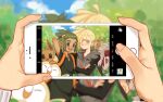  3boys :d absurdres ay_(1054105084) black_shirt blonde_hair blurry blush cloud commentary dark-skinned_male dark_skin day eevee gladion_(pokemon) green_eyes green_hair hair_over_one_eye hau_(pokemon) highres holding holding_phone lycanroc lycanroc_(midnight) male_focus multiple_boys open_mouth outdoors phone pokemon pokemon_(creature) pokemon_(game) pokemon_sm rowlet shirt short_hair short_ponytail sky smile taking_picture teeth tongue 