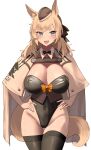  1girl 360_(taiyo360) :d absurdres adapted_costume animal_ears arknights bangs black_bow black_bowtie black_legwear black_leotard blonde_hair blue_eyes blush bow bowtie breasts brown_cape brown_headwear cape cleavage covered_navel cowboy_shot detached_collar eyebrows_visible_through_hair garrison_cap groin hands_on_hips hat highres horse_ears horse_girl horse_tail large_breasts leotard long_hair looking_at_viewer open_mouth orange_bow simple_background smile solo strapless strapless_leotard sweat swept_bangs tail thigh_gap thighhighs v-shaped_eyebrows whislash_(arknights) white_background 