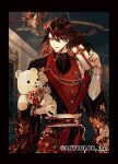  1boy albino_(a1b1n0623) bead_bracelet beads black_hair bracelet eyeshadow floral_print gift highres jewelry long_sleeves makeup medium_hair nail_polish nijisanji nijisanji_en official_art oni_giri_(vox_akuma) open_mouth red_eyeliner red_eyeshadow solo stuffed_animal stuffed_toy teddy_bear vox_akuma wide_sleeves yellow_eyes 