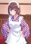  1girl apron bangs blue_eyes blurry blurry_background blush breasts chakku_illust commentary_request depth_of_field eyebrows_visible_through_hair frilled_apron frills hands_on_hips highres japanese_clothes kimono looking_at_viewer maid_apron maid_headdress medium_breasts medium_hair original pout purple_kimono sidelocks solo wa_maid white_apron yagasuri yukata 