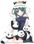  1girl arm_garter asymmetrical_bangs bangs black_legwear blue_vest blush breasts commentary_request dot_nose epaulettes flustered flying_sweatdrops gold_trim green_eyes green_hair hat hat_ribbon heart highres long_sleeves looking_at_viewer medium_breasts open_mouth panda puffy_sleeves red_button red_ribbon ribbon shiki_eiki shiny shiny_hair simple_background sitting socks solo stigma1101 stuffed_animal stuffed_toy sweatdrop touhou v-shaped_eyebrows vest wariza white_background white_ribbon 