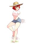  1girl amputee bad_source bare_legs barefoot blush breasts cropped_shirt double_amputee full_body green_eyes hat katawa_shoujo looking_at_viewer medium_breasts midriff navel no_arms parted_lips red_hair rtil shirt short_hair short_shorts short_sleeves shorts simple_background smile solo sun_hat tezuka_rin white_background white_shirt 