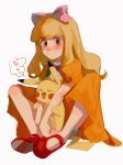  1boy absurdres ashley_(pokemon) ay_(1054105084) bangs blonde_hair blue_ribbon blunt_bangs blush bow closed_mouth commentary crossdressing dress eyebrows_visible_through_hair hair_bow highres long_hair looking_at_viewer male_focus neck_ribbon orange_dress pikachu pink_bow pokemon pokemon_(anime) pokemon_(classic_anime) pokemon_(creature) red_footwear ribbon shoes short_sleeves sidelocks simple_background sitting speech_bubble white_background 