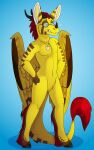  2022 absurd_res ambiguous_gender angel_dragon anthro biped digital_media_(artwork) dragon dutch_angel_dragon feathered_wings feathers fur grumpy_griffin_creations hair hi_res horn male nude simple_background smile solo standing tail_tuft tuft wings 