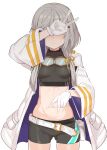  1girl artist_request belt belt_buckle breasts buckle counter:side covering_face embarrassed gloves goggles goggles_around_neck grey_hair hair_ornament hairclip highres long_sleeves midriff navel raphaela_(counter:side) sexually_suggestive short_shorts shorts small_breasts solo spread_navel v white_background white_gloves 