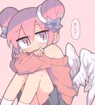  1girl aqua_hair arm_rest bare_shoulders blush_stickers bow closed_mouth commentary_request crying crying_with_eyes_open dadadada_tenshi double_bun feathered_wings grey_bow grey_skirt hair_bow highres hugging_own_legs knees_up long_sleeves looking_at_viewer low_wings multicolored_hair off-shoulder_sweater off_shoulder original parody pink_background pink_eyes pink_hair pink_sweater richard_(richaball) simple_background sitting skirt socks solo speech_bubble star_(symbol) streaked_hair style_parody sweater tears terada_tera_(style) translation_request white_legwear white_wings wings 