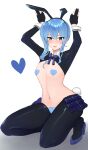  1girl absurdres animal_ears blue_eyes blue_hair bngl0121 bunny_pose colored_pubic_hair fake_animal_ears female_pubic_hair gloves heart_pasties highres hololive hoshimachi_suisei long_hair meme_attire midriff navel pantyhose partially_fingerless_gloves pasties pubic_hair rabbit_ears rabbit_tail reverse_bunnysuit reverse_outfit side_ponytail simple_background smile solo tail virtual_youtuber white_background 