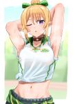  1girl absurdres armpits arms_up bangs black_choker blonde_hair blurry blurry_background border breasts chloe_(princess_connect!) choker collarbone collared_shirt commentary_request eyebrows_visible_through_hair gym_uniform hair_between_eyes highres looking_at_viewer medium_breasts midriff navel one_eye_closed ooeyama open_mouth outside_border pointy_ears ponytail princess_connect! purple_eyes shirt sidelocks sleeves_rolled_up solo sweat tied_shirt white_border white_shirt 