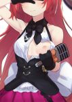  1girl black_bow bow covering_eyes gloves head_out_of_frame highres lishenna_omen_of_destruction long_hair microphone morisobo nipples no_bra one_breast_out open_clothes red_hair shadowverse simple_background solo sweatdrop white_background 