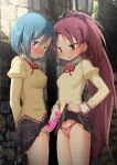  2girls abutomato black_bow black_skirt blue_eyes blue_hair bow breasts censored clothes_lift commentary_request futa_with_female futanari hair_bow handjob highres lifted_by_self long_hair long_sleeves looking_at_viewer mahou_shoujo_madoka_magica medium_breasts miki_sayaka multiple_girls panties penis ponytail red_eyes red_hair red_panties sakura_kyouko school_uniform short_hair skirt skirt_lift smile standing sweat underwear very_long_hair 