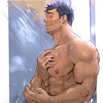 1boy bara black_hair closed_eyes closed_mouth facial_hair large_pectorals male_focus muscular muscular_male nude original pectorals short_hair showering smile solo stubble tofu_(tofulabo) upper_body water wet 