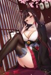  1girl absurdres akagi_(azur_lane) animal_ears azur_lane breasts brown_hair brown_kimono brown_legwear brown_tail cherry_blossoms cleavage cleavage_cutout clothing_cutout crossed_legs error1945 feet_out_of_frame fox_ears fox_tail highres indoors japanese_clothes kimono kitsune large_breasts long_hair looking_at_viewer metal_belt miniskirt multiple_tails petals pleated_skirt red_eyeliner red_eyes red_skirt sakura_empire_(emblem) sakuramon signature sitting skirt smile solo tail teeth thighhighs very_long_hair wide_sleeves wooden_floor 